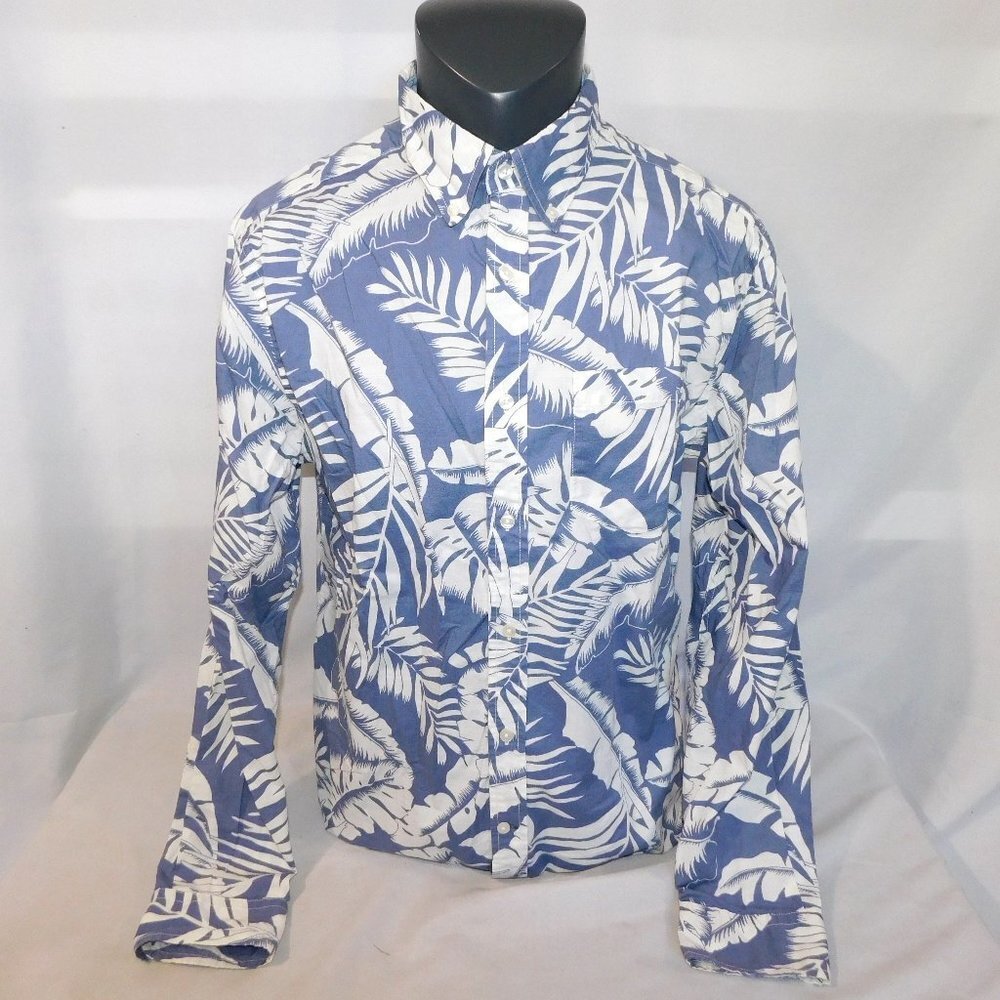 AEO Classic Fit Long Sleeve Button Front Hawaiian Tropical Shirt Palm Leaf Men L